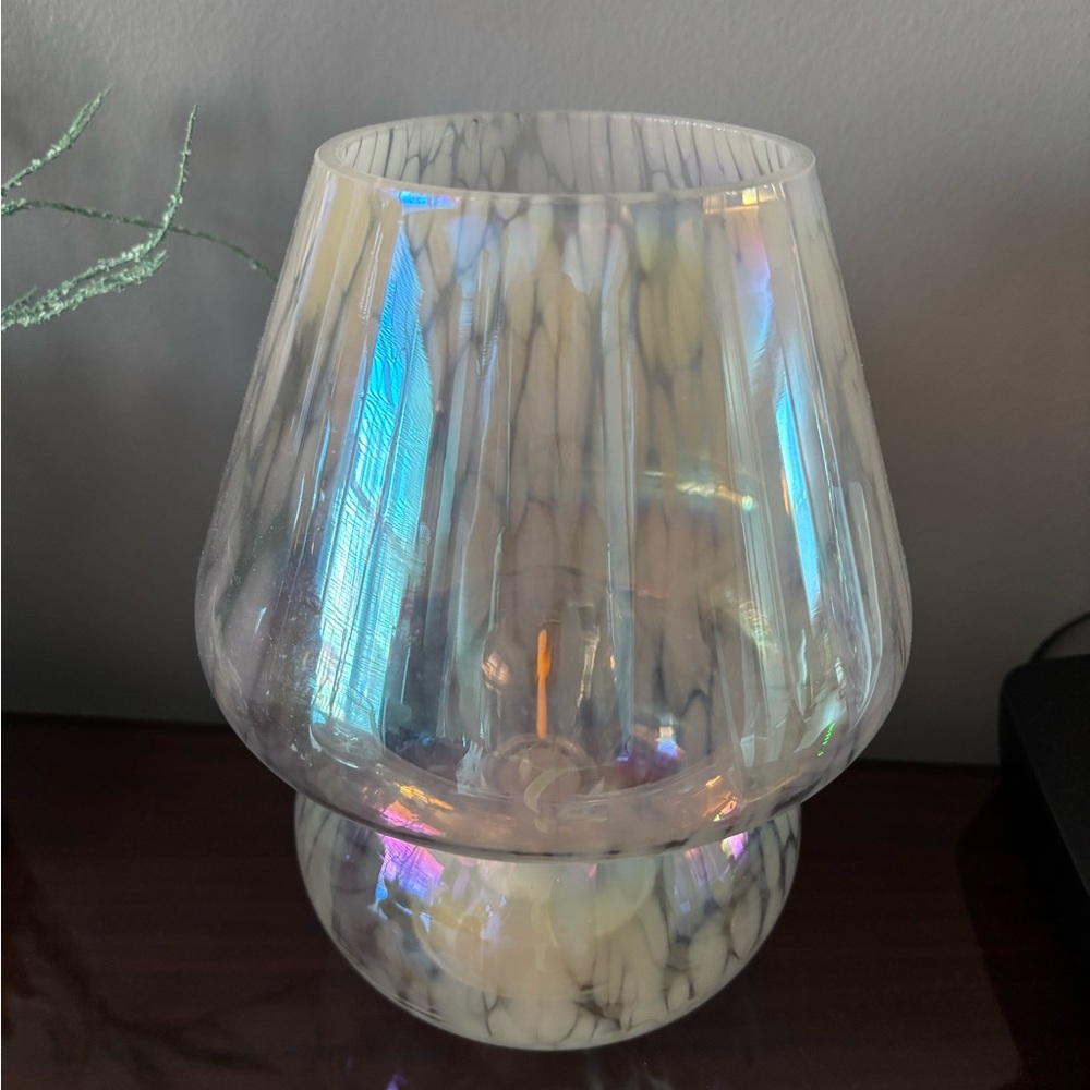 Iridescent glass mushroom table lamp.